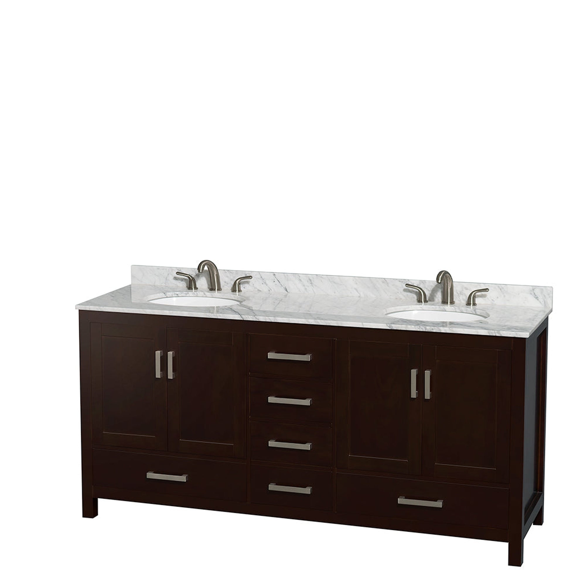 Wyndham Collection Sheffield 72" Double Bathroom Vanity in Espresso, White Carrara Marble Countertop, Undermount Oval Sinks, and No Mirror