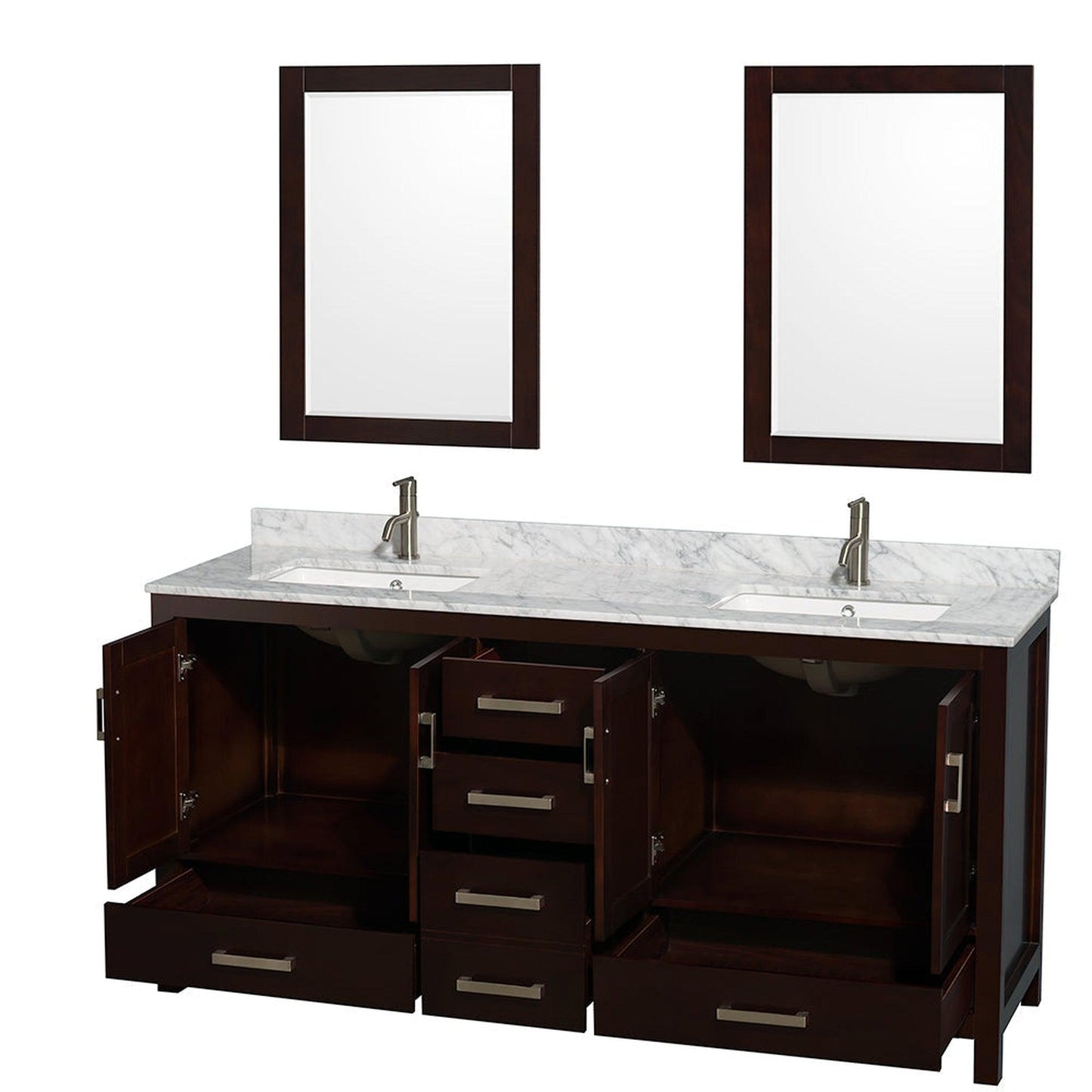 Wyndham Collection Sheffield 72" Double Bathroom Vanity in Espresso, White Carrara Marble Countertop, Undermount Square Sinks, and 24" Mirror