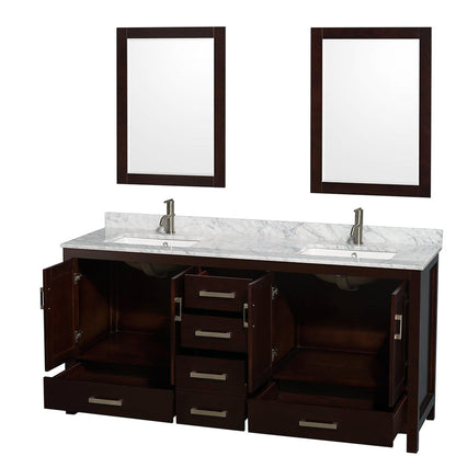 Wyndham Collection Sheffield 72" Double Bathroom Vanity in Espresso, White Carrara Marble Countertop, Undermount Square Sinks, and 24" Mirror