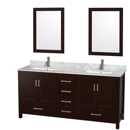 Wyndham Collection Sheffield 72" Double Bathroom Vanity in Espresso, White Carrara Marble Countertop, Undermount Square Sinks, and 24" Mirror