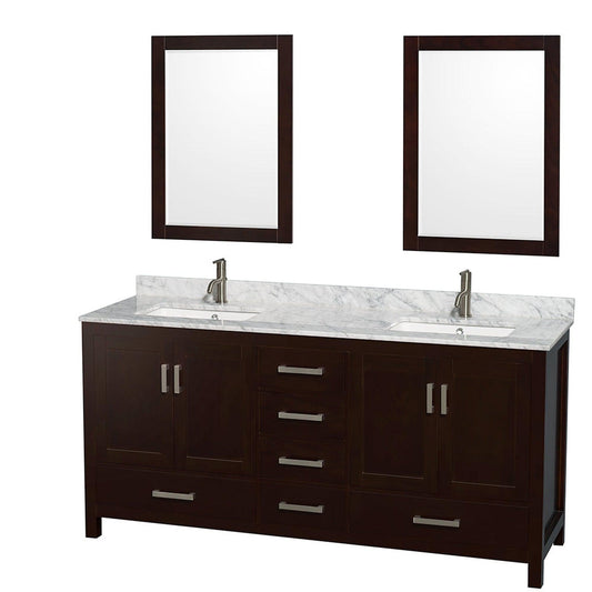 Wyndham Collection Sheffield 72" Double Bathroom Vanity in Espresso, White Carrara Marble Countertop, Undermount Square Sinks, and 24" Mirror