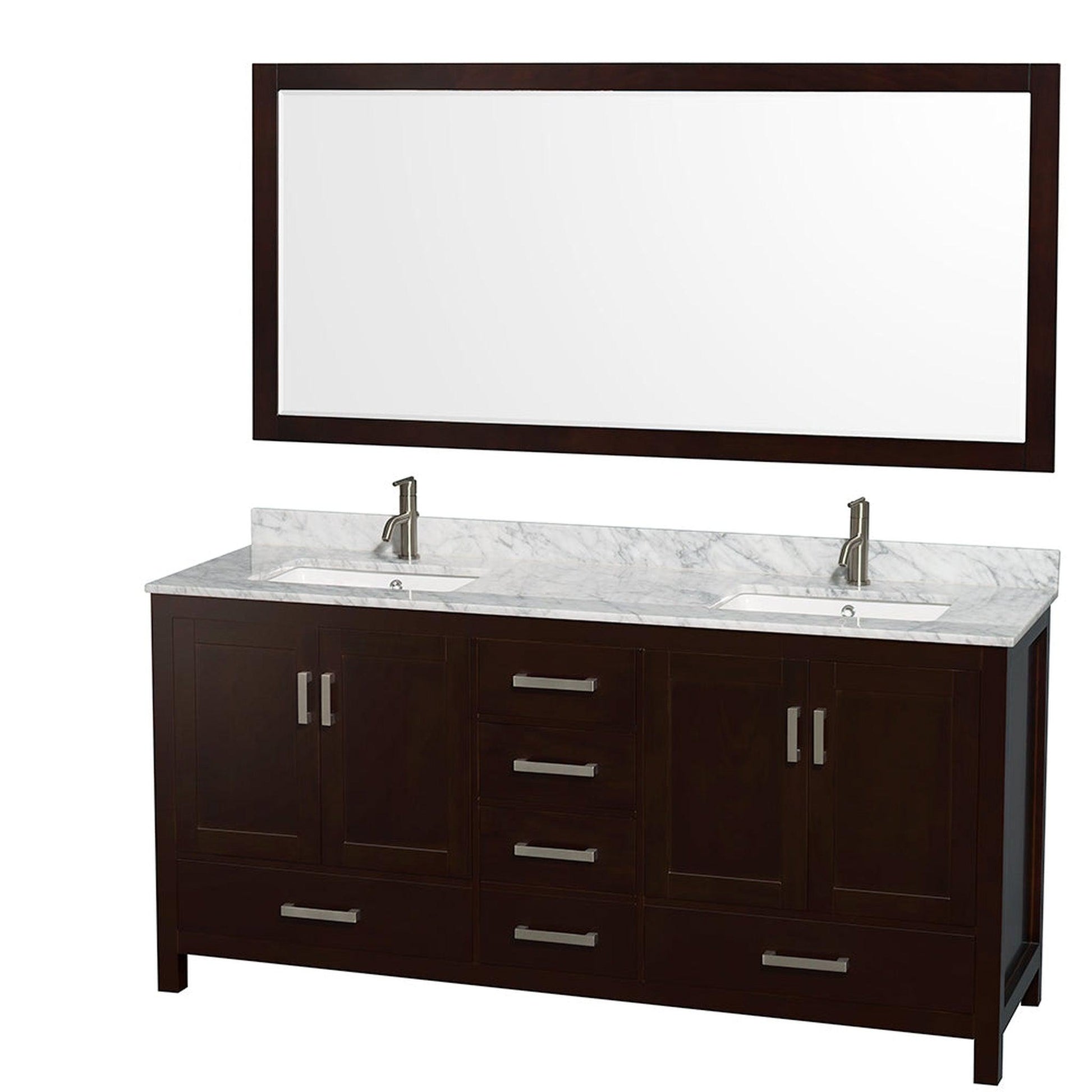 Wyndham Collection Sheffield 72" Double Bathroom Vanity in Espresso, White Carrara Marble Countertop, Undermount Square Sinks, and 70" Mirror