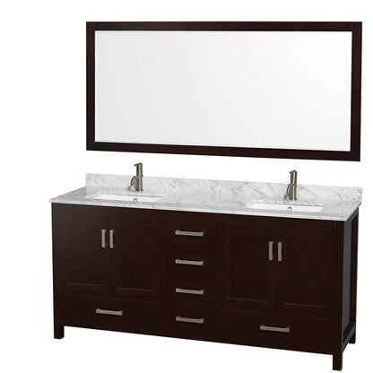 Wyndham Collection Sheffield 72" Double Bathroom Vanity in Espresso, White Carrara Marble Countertop, Undermount Square Sinks, and 70" Mirror