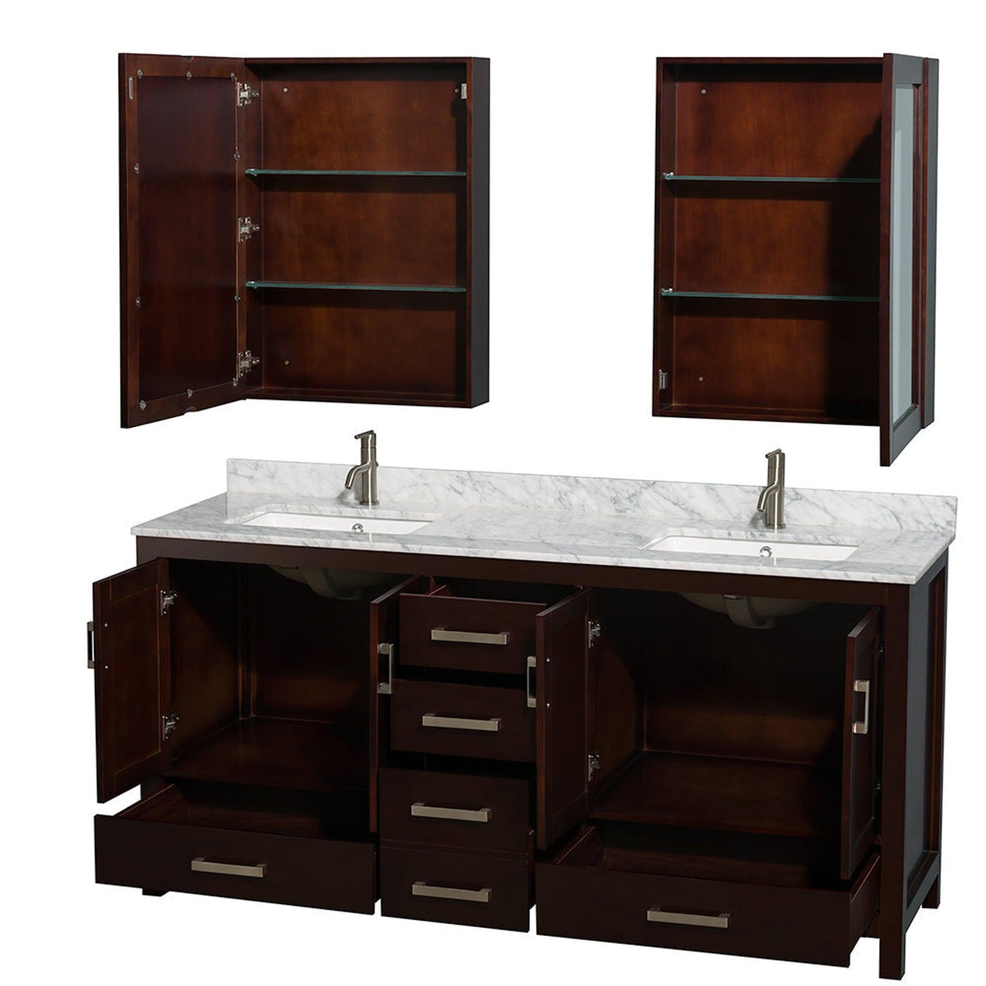 Wyndham Collection Sheffield 72" Double Bathroom Vanity in Espresso, White Carrara Marble Countertop, Undermount Square Sinks, and Medicine Cabinet