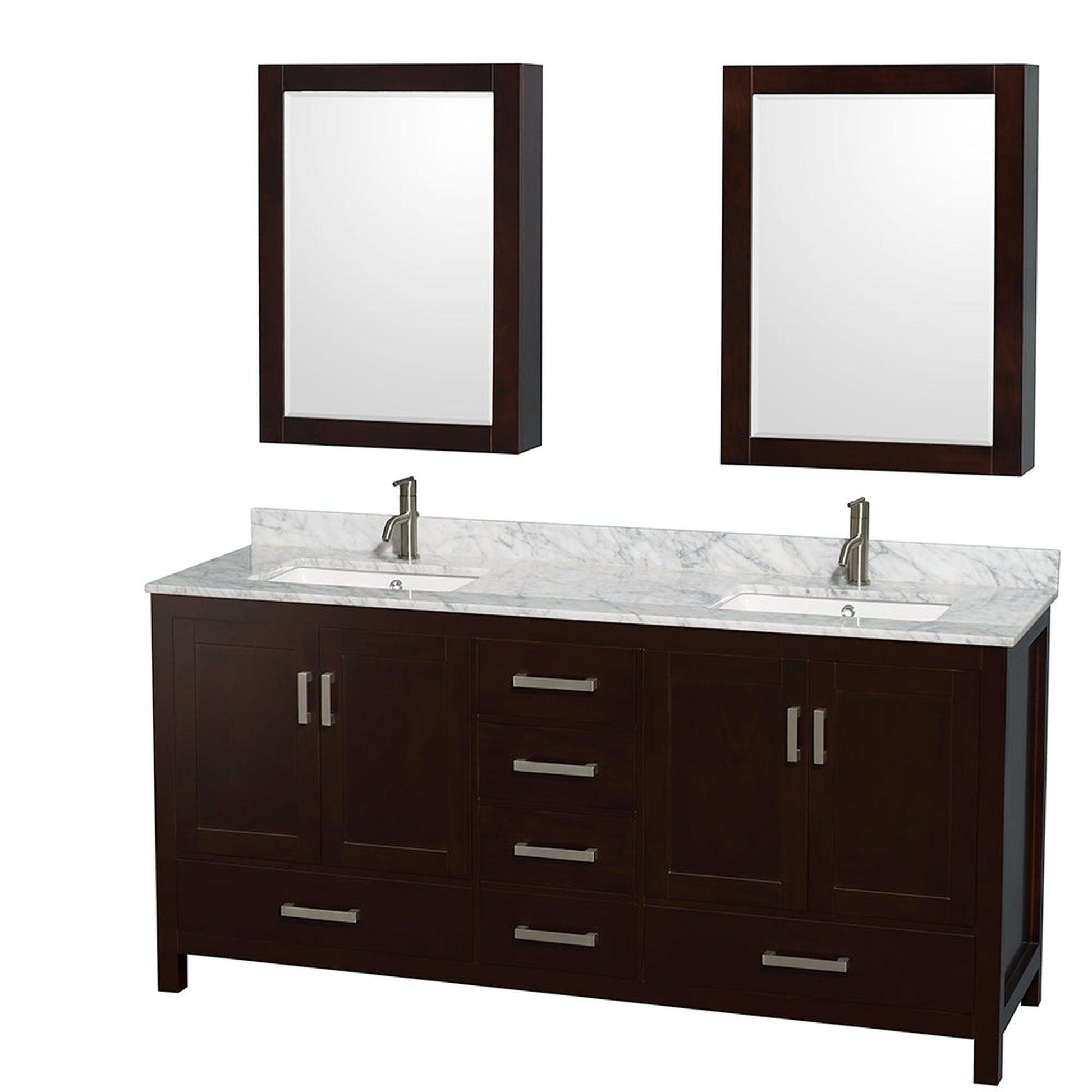 Wyndham Collection Sheffield 72" Double Bathroom Vanity in Espresso, White Carrara Marble Countertop, Undermount Square Sinks, and Medicine Cabinet