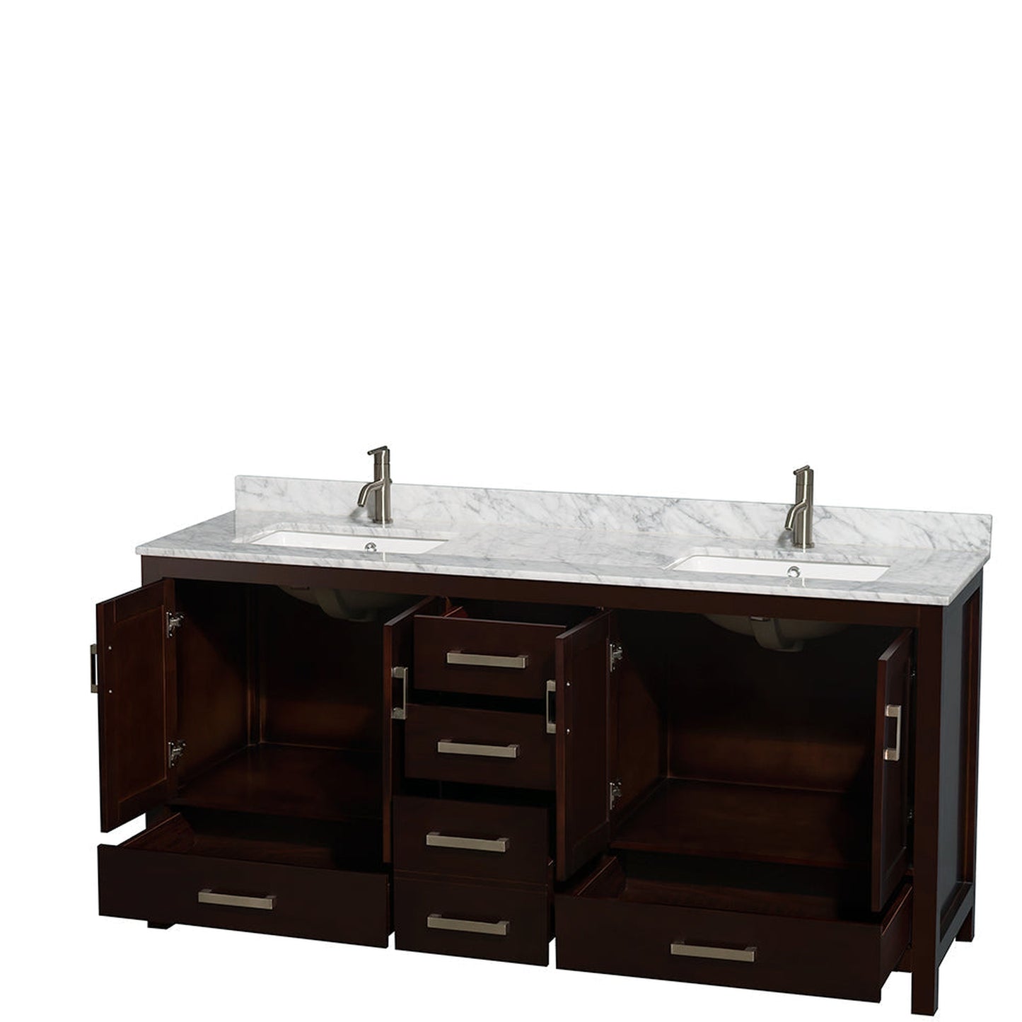 Wyndham Collection Sheffield 72" Double Bathroom Vanity in Espresso, White Carrara Marble Countertop, Undermount Square Sinks, and No Mirror