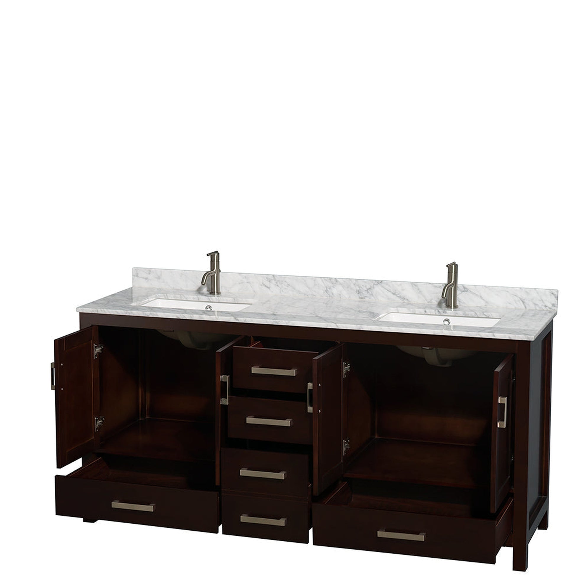 Wyndham Collection Sheffield 72" Double Bathroom Vanity in Espresso, White Carrara Marble Countertop, Undermount Square Sinks, and No Mirror