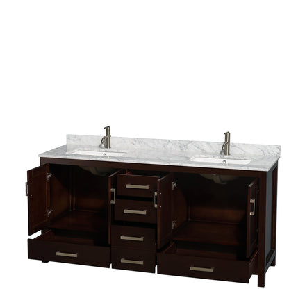 Wyndham Collection Sheffield 72" Double Bathroom Vanity in Espresso, White Carrara Marble Countertop, Undermount Square Sinks, and No Mirror