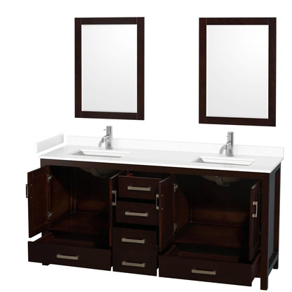 Wyndham Collection Sheffield 72" Double Bathroom Vanity in Espresso, White Cultured Marble Countertop, Undermount Square Sinks, 24" Mirror