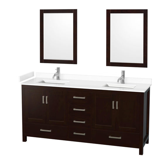 Wyndham Collection Sheffield 72" Double Bathroom Vanity in Espresso, White Cultured Marble Countertop, Undermount Square Sinks, 24" Mirror