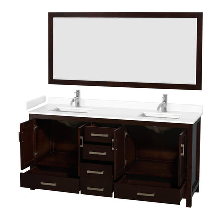 Wyndham Collection Sheffield 72" Double Bathroom Vanity in Espresso, White Cultured Marble Countertop, Undermount Square Sinks, 70" Mirror