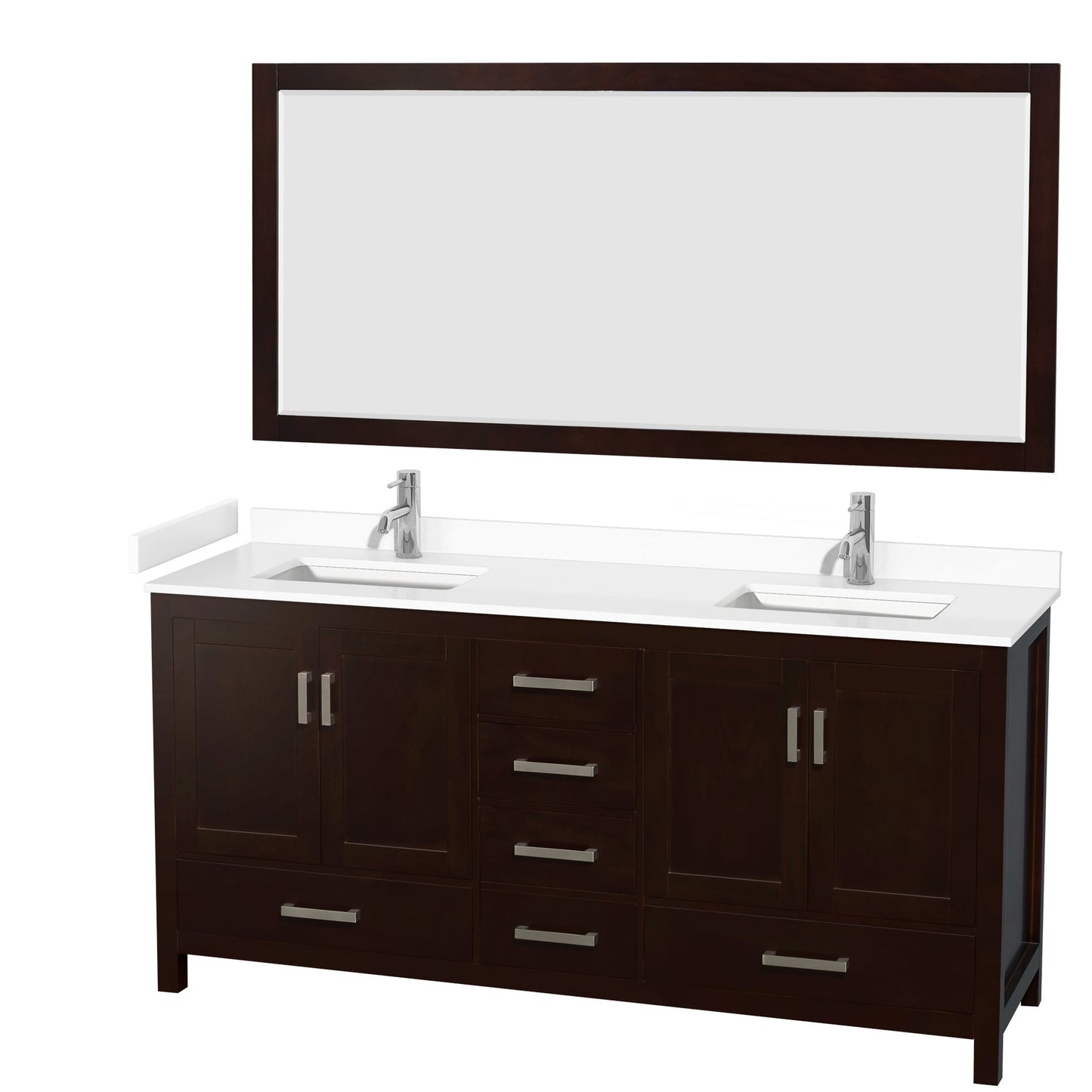 Wyndham Collection Sheffield 72" Double Bathroom Vanity in Espresso, White Cultured Marble Countertop, Undermount Square Sinks, 70" Mirror