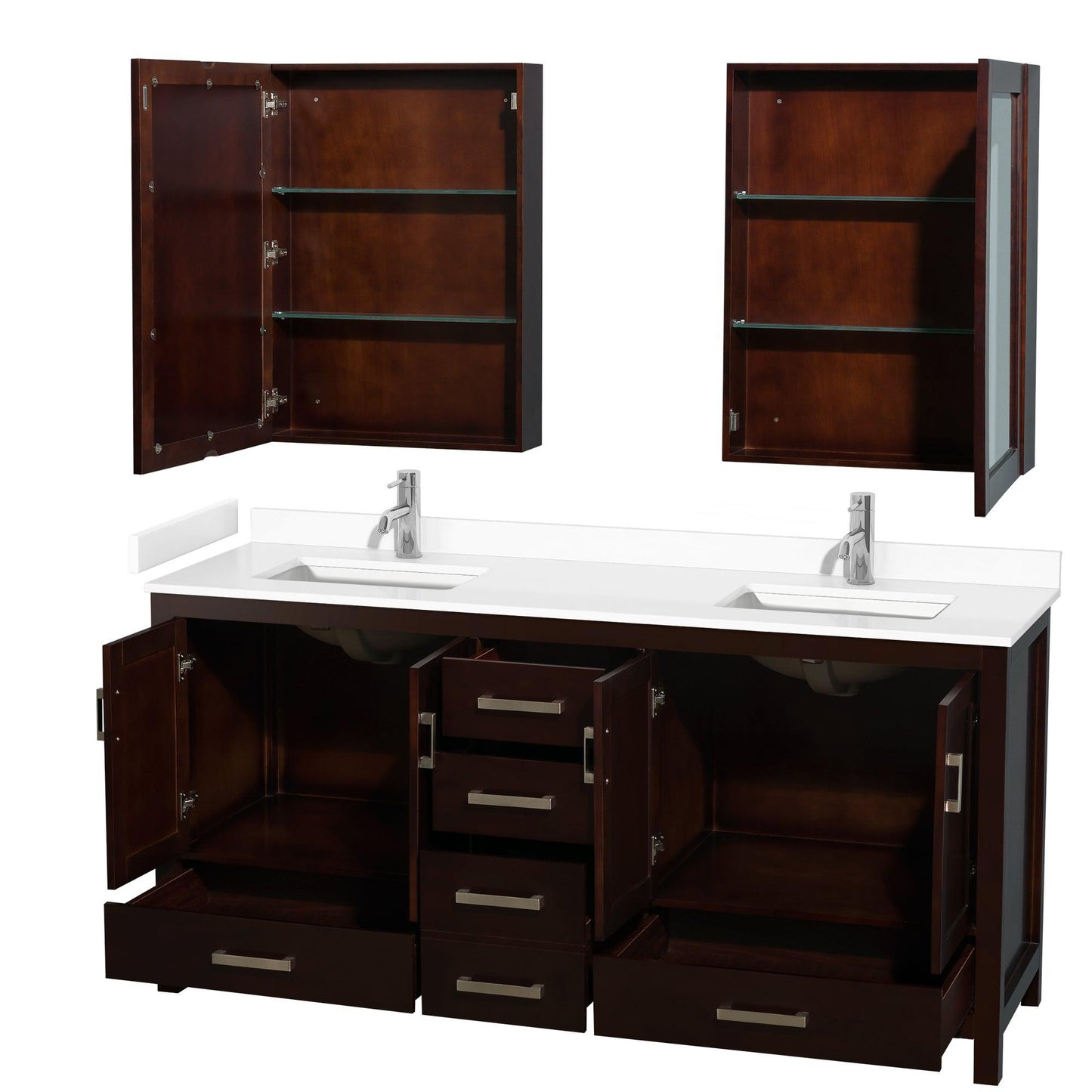 Wyndham Collection Sheffield 72" Double Bathroom Vanity in Espresso, White Cultured Marble Countertop, Undermount Square Sinks, Medicine Cabinet