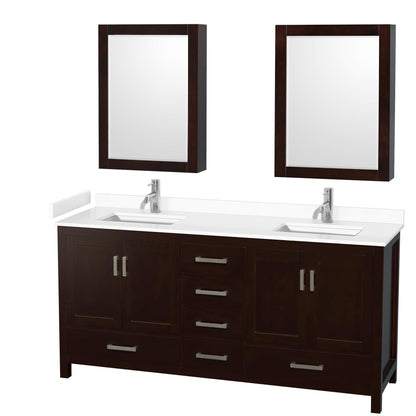 Wyndham Collection Sheffield 72" Double Bathroom Vanity in Espresso, White Cultured Marble Countertop, Undermount Square Sinks, Medicine Cabinet