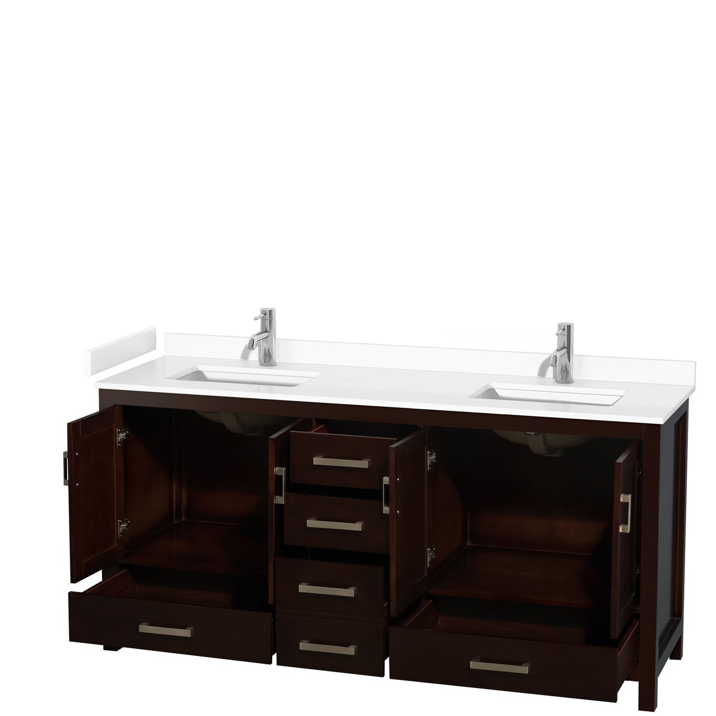 Wyndham Collection Sheffield 72" Double Bathroom Vanity in Espresso, White Cultured Marble Countertop, Undermount Square Sinks, No Mirror