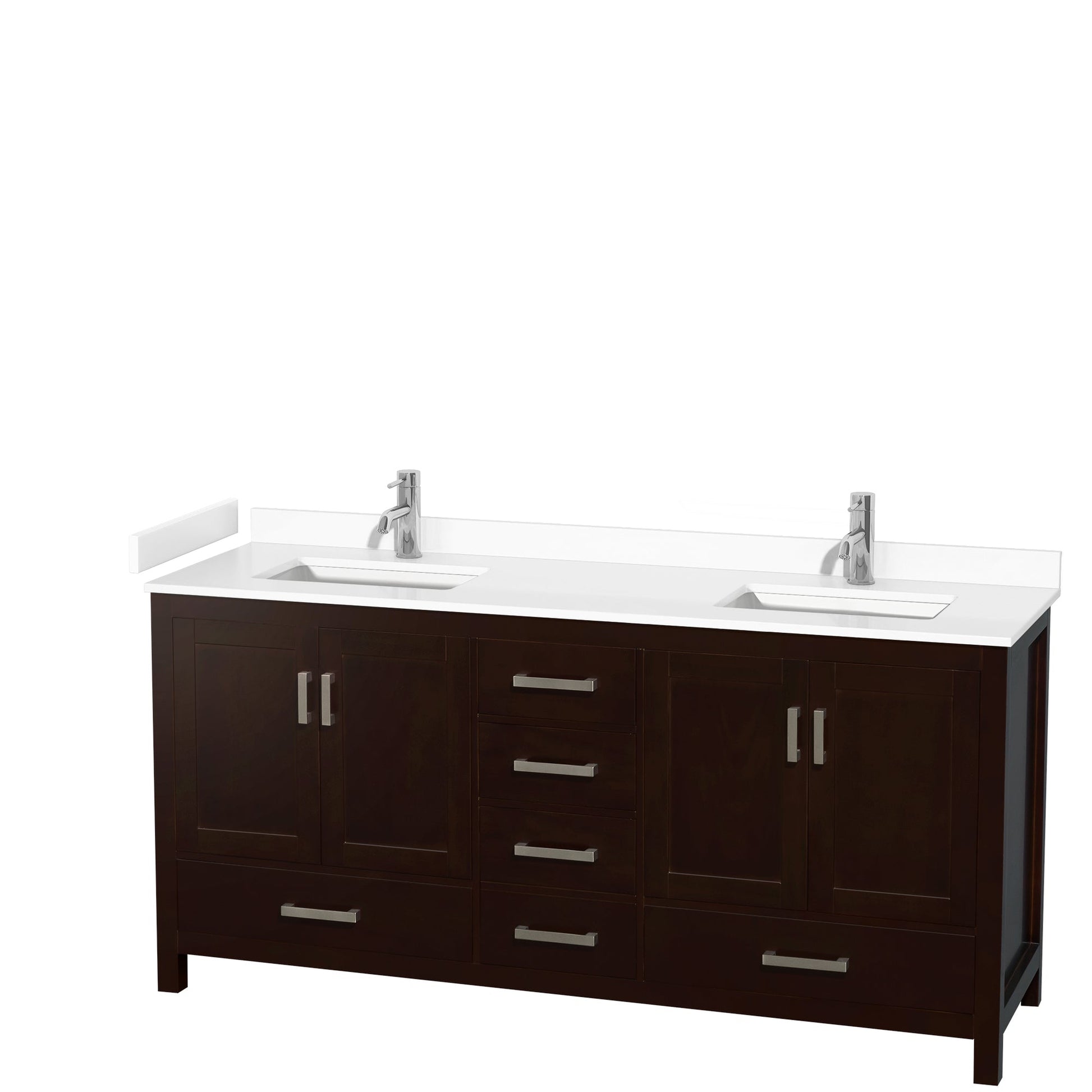 Wyndham Collection Sheffield 72" Double Bathroom Vanity in Espresso, White Cultured Marble Countertop, Undermount Square Sinks, No Mirror