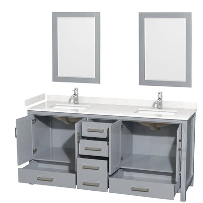 Wyndham Collection Sheffield 72" Double Bathroom Vanity in Gray, Carrara Cultured Marble Countertop, Undermount Square Sinks, 24" Mirror