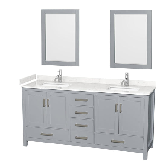 Wyndham Collection Sheffield 72" Double Bathroom Vanity in Gray, Carrara Cultured Marble Countertop, Undermount Square Sinks, 24" Mirror