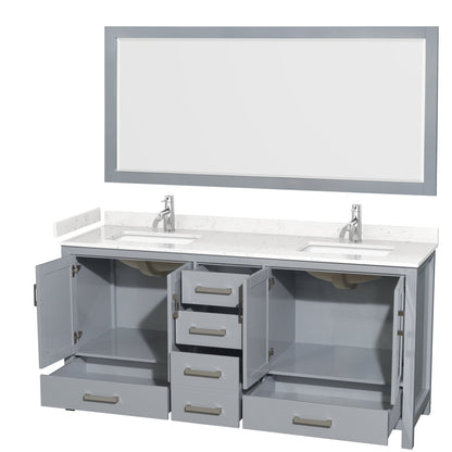 Wyndham Collection Sheffield 72" Double Bathroom Vanity in Gray, Carrara Cultured Marble Countertop, Undermount Square Sinks, 70" Mirror