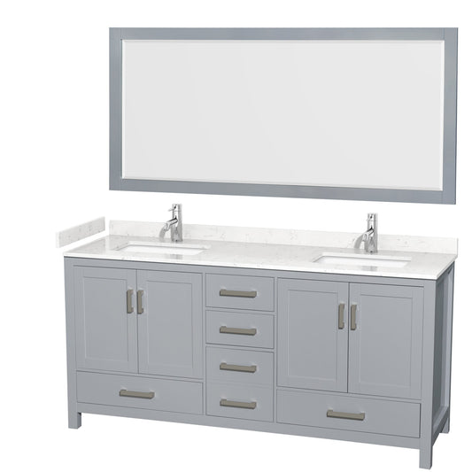 Wyndham Collection Sheffield 72" Double Bathroom Vanity in Gray, Carrara Cultured Marble Countertop, Undermount Square Sinks, 70" Mirror