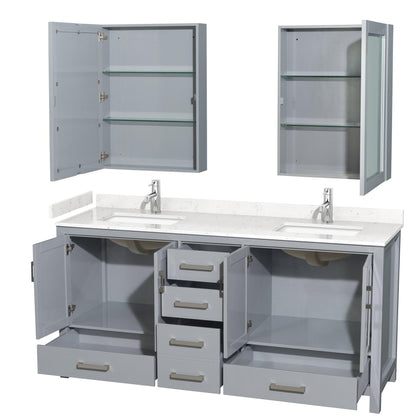 Wyndham Collection Sheffield 72" Double Bathroom Vanity in Gray, Carrara Cultured Marble Countertop, Undermount Square Sinks, Medicine Cabinet