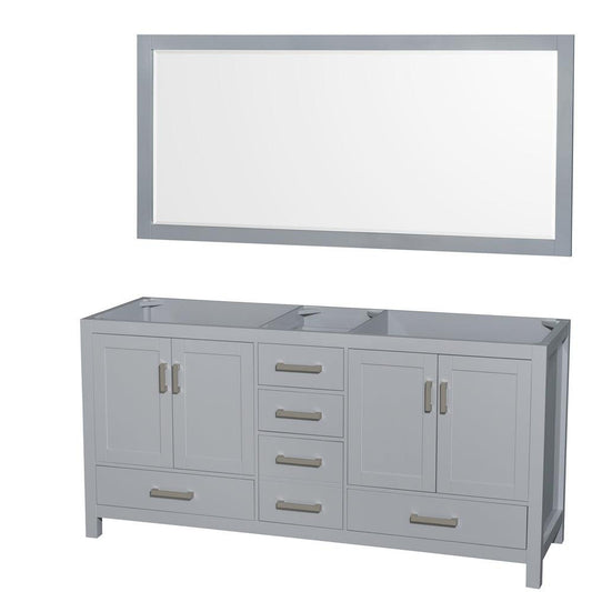 Wyndham Collection Sheffield 72" Double Bathroom Vanity in Gray, No Countertop, No Sink, and 70" Mirror