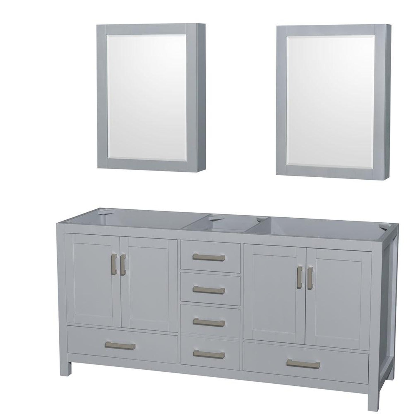 Wyndham Collection Sheffield 72" Double Bathroom Vanity in Gray, No Countertop, No Sink, and Medicine Cabinet