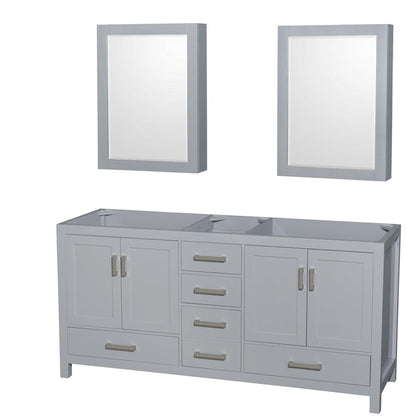 Wyndham Collection Sheffield 72" Double Bathroom Vanity in Gray, No Countertop, No Sink, and Medicine Cabinet