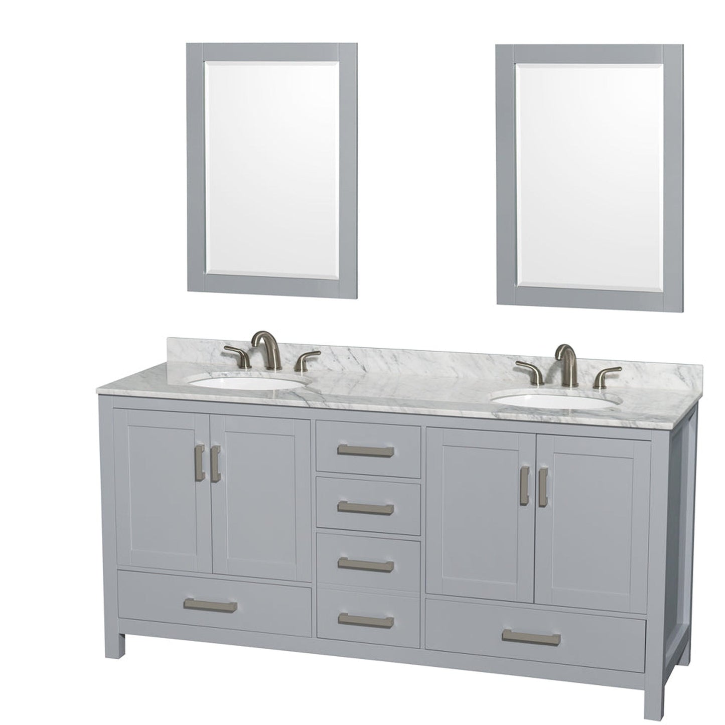 Wyndham Collection Sheffield 72" Double Bathroom Vanity in Gray, White Carrara Marble Countertop, Undermount Oval Sinks, and 24" Mirror
