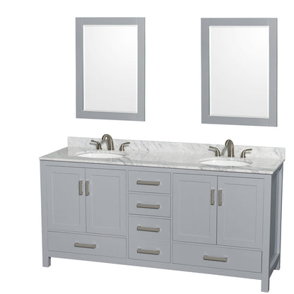Wyndham Collection Sheffield 72" Double Bathroom Vanity in Gray, White Carrara Marble Countertop, Undermount Oval Sinks, and 24" Mirror