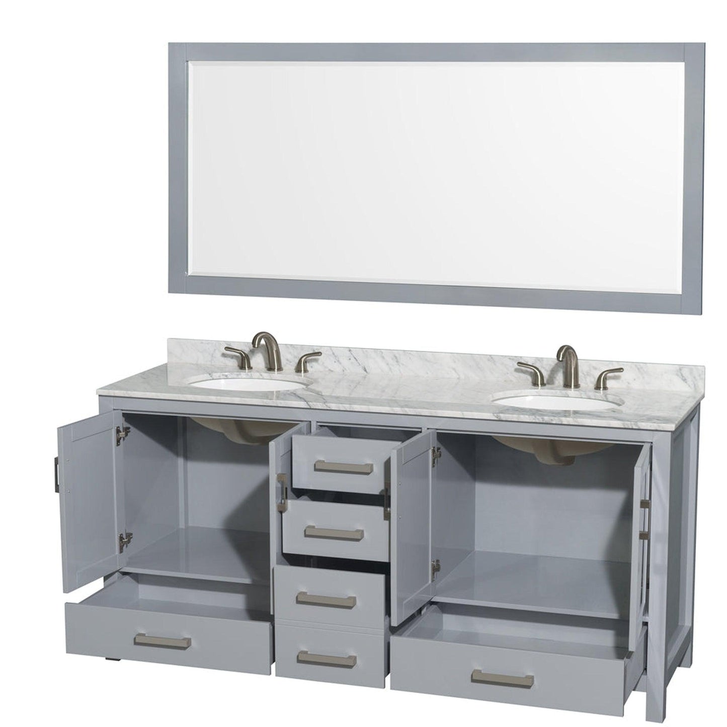 Wyndham Collection Sheffield 72" Double Bathroom Vanity in Gray, White Carrara Marble Countertop, Undermount Oval Sinks, and 70" Mirror