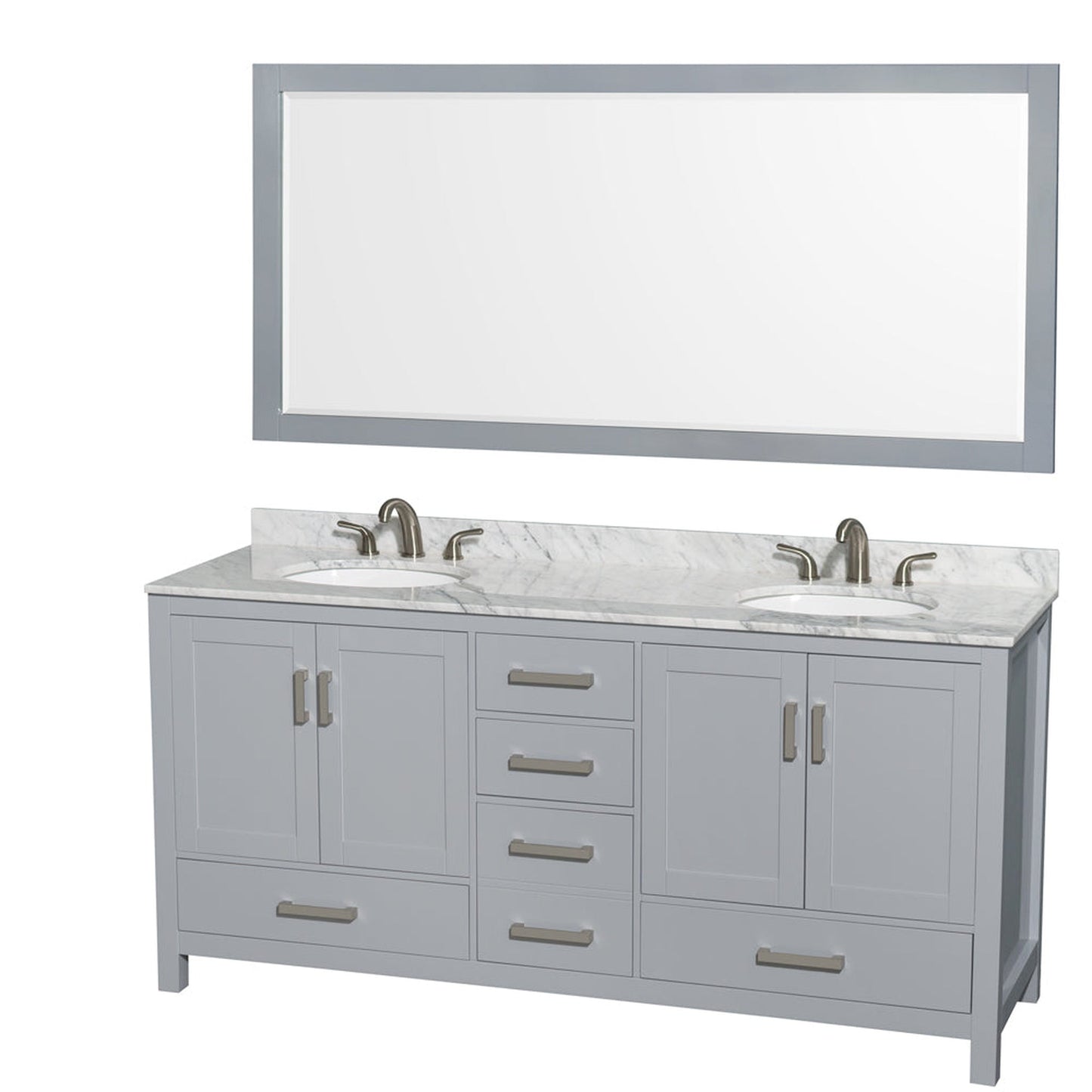 Wyndham Collection Sheffield 72" Double Bathroom Vanity in Gray, White Carrara Marble Countertop, Undermount Oval Sinks, and 70" Mirror