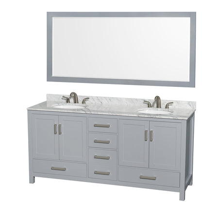Wyndham Collection Sheffield 72" Double Bathroom Vanity in Gray, White Carrara Marble Countertop, Undermount Oval Sinks, and 70" Mirror