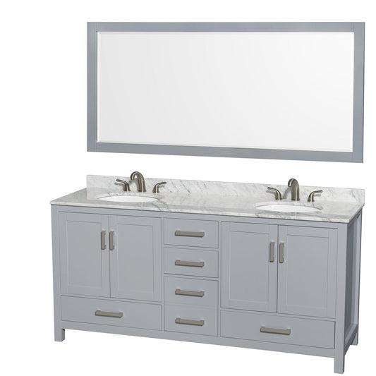 Wyndham Collection Sheffield 72" Double Bathroom Vanity in Gray, White Carrara Marble Countertop, Undermount Oval Sinks, and 70" Mirror