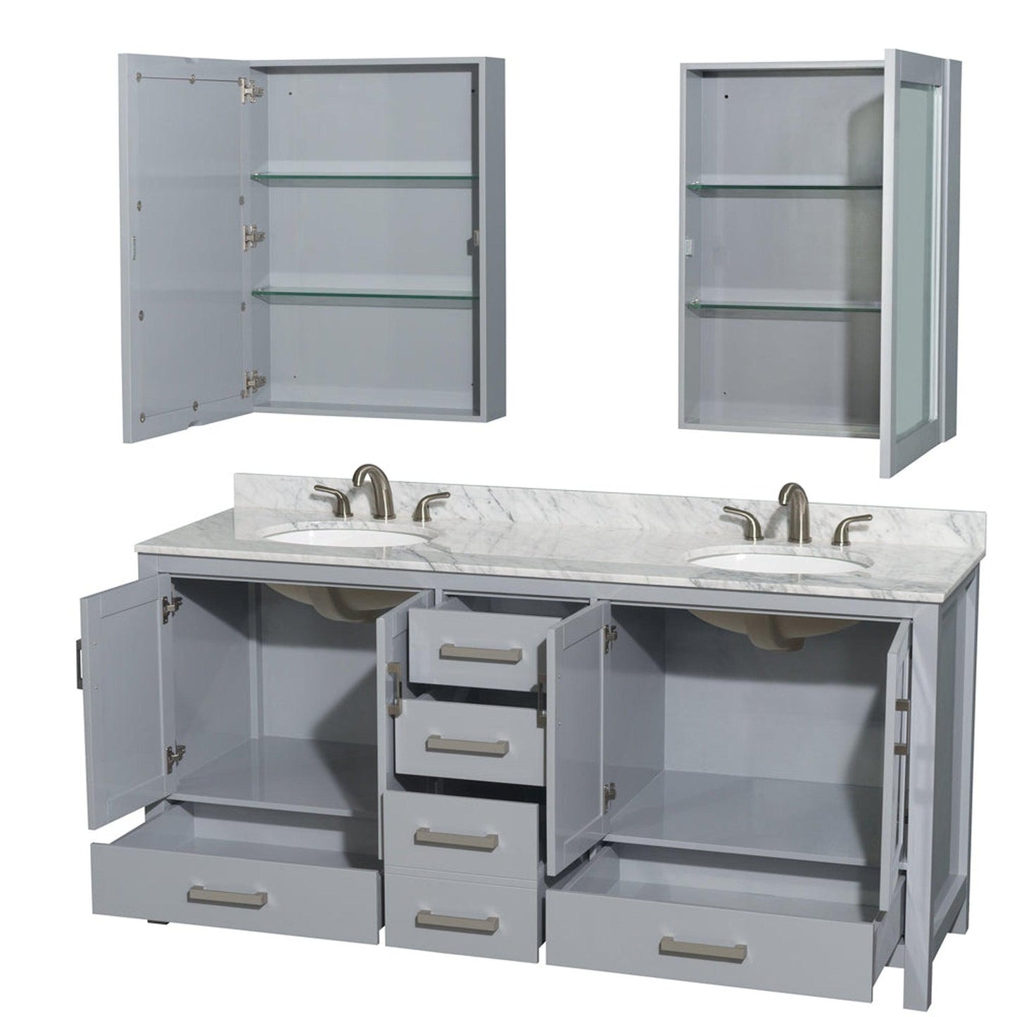 Wyndham Collection Sheffield 72" Double Bathroom Vanity in Gray, White Carrara Marble Countertop, Undermount Oval Sinks, and Medicine Cabinet