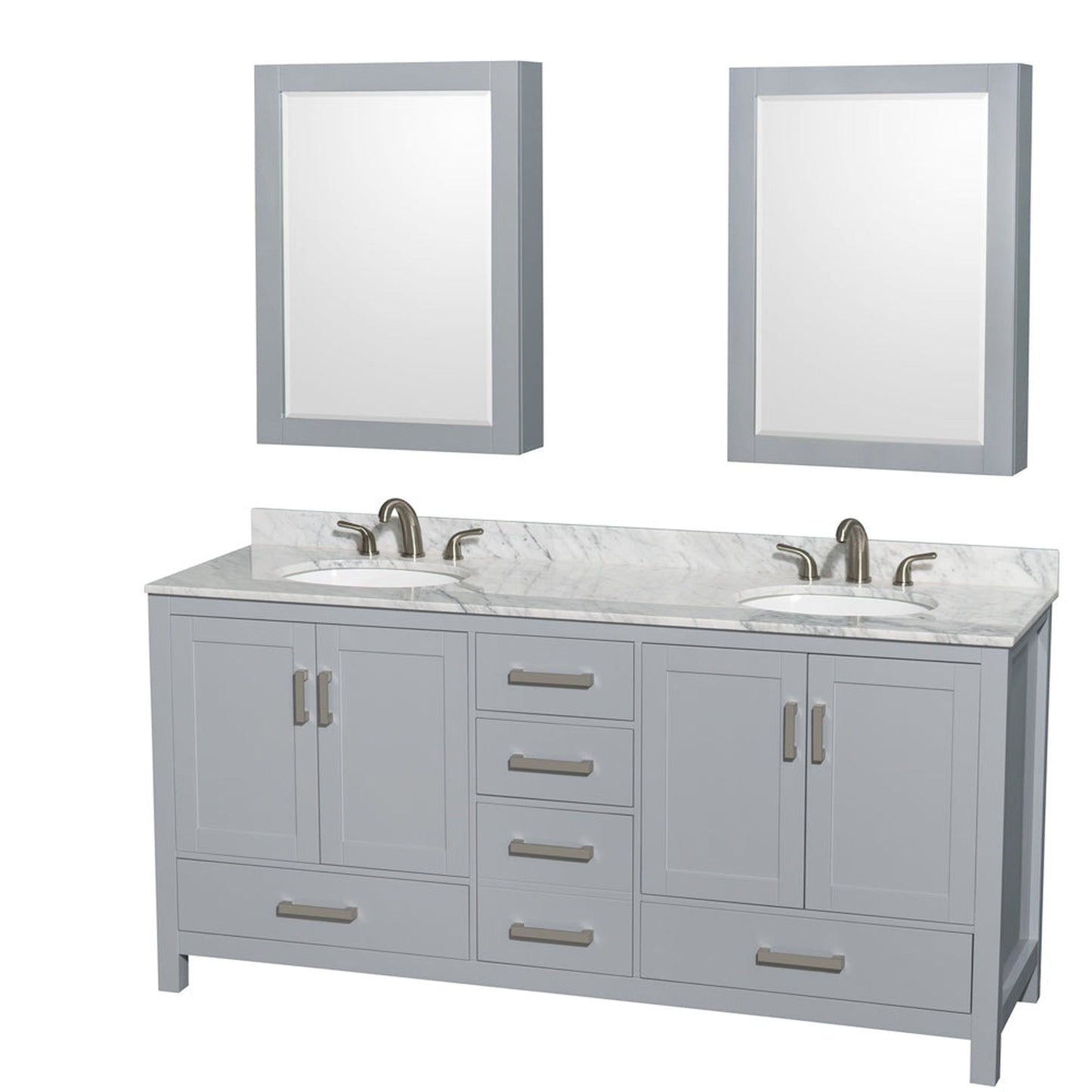 Wyndham Collection Sheffield 72" Double Bathroom Vanity in Gray, White Carrara Marble Countertop, Undermount Oval Sinks, and Medicine Cabinet