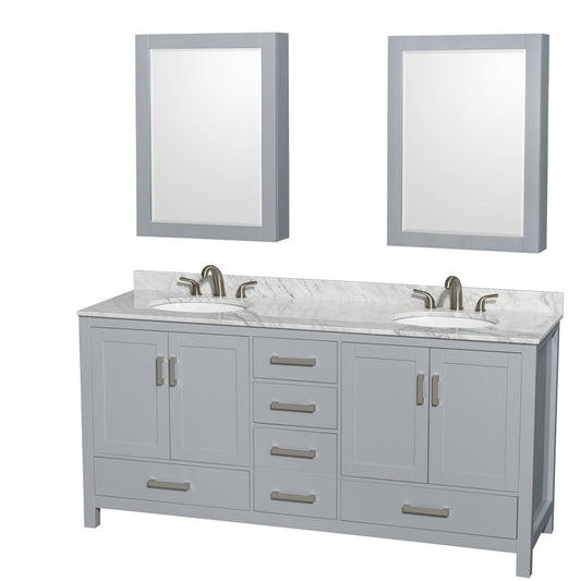 Wyndham Collection Sheffield 72" Double Bathroom Vanity in Gray, White Carrara Marble Countertop, Undermount Oval Sinks, and Medicine Cabinet
