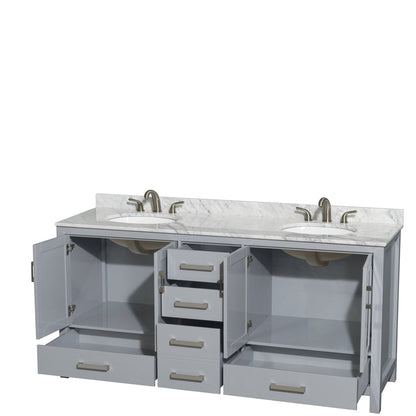 Wyndham Collection Sheffield 72" Double Bathroom Vanity in Gray, White Carrara Marble Countertop, Undermount Oval Sinks, and No Mirror