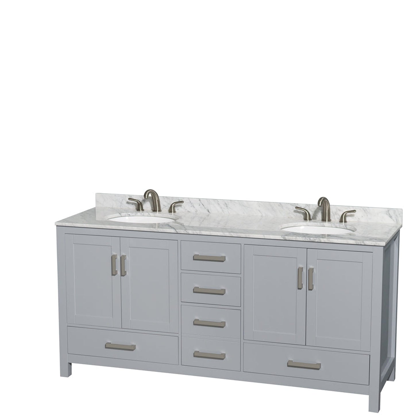 Wyndham Collection Sheffield 72" Double Bathroom Vanity in Gray, White Carrara Marble Countertop, Undermount Oval Sinks, and No Mirror