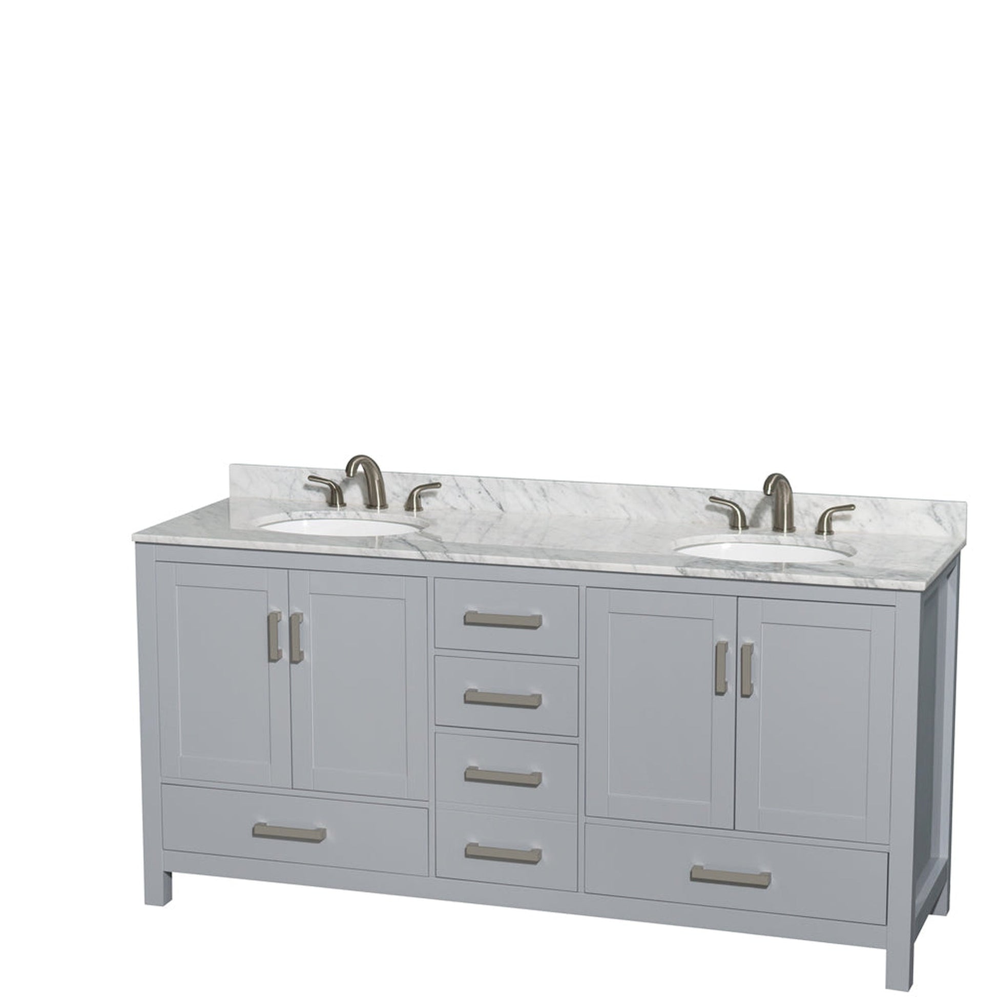 Wyndham Collection Sheffield 72" Double Bathroom Vanity in Gray, White Carrara Marble Countertop, Undermount Oval Sinks, and No Mirror