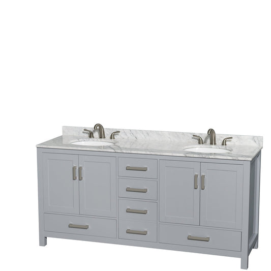 Wyndham Collection Sheffield 72" Double Bathroom Vanity in Gray, White Carrara Marble Countertop, Undermount Oval Sinks, and No Mirror