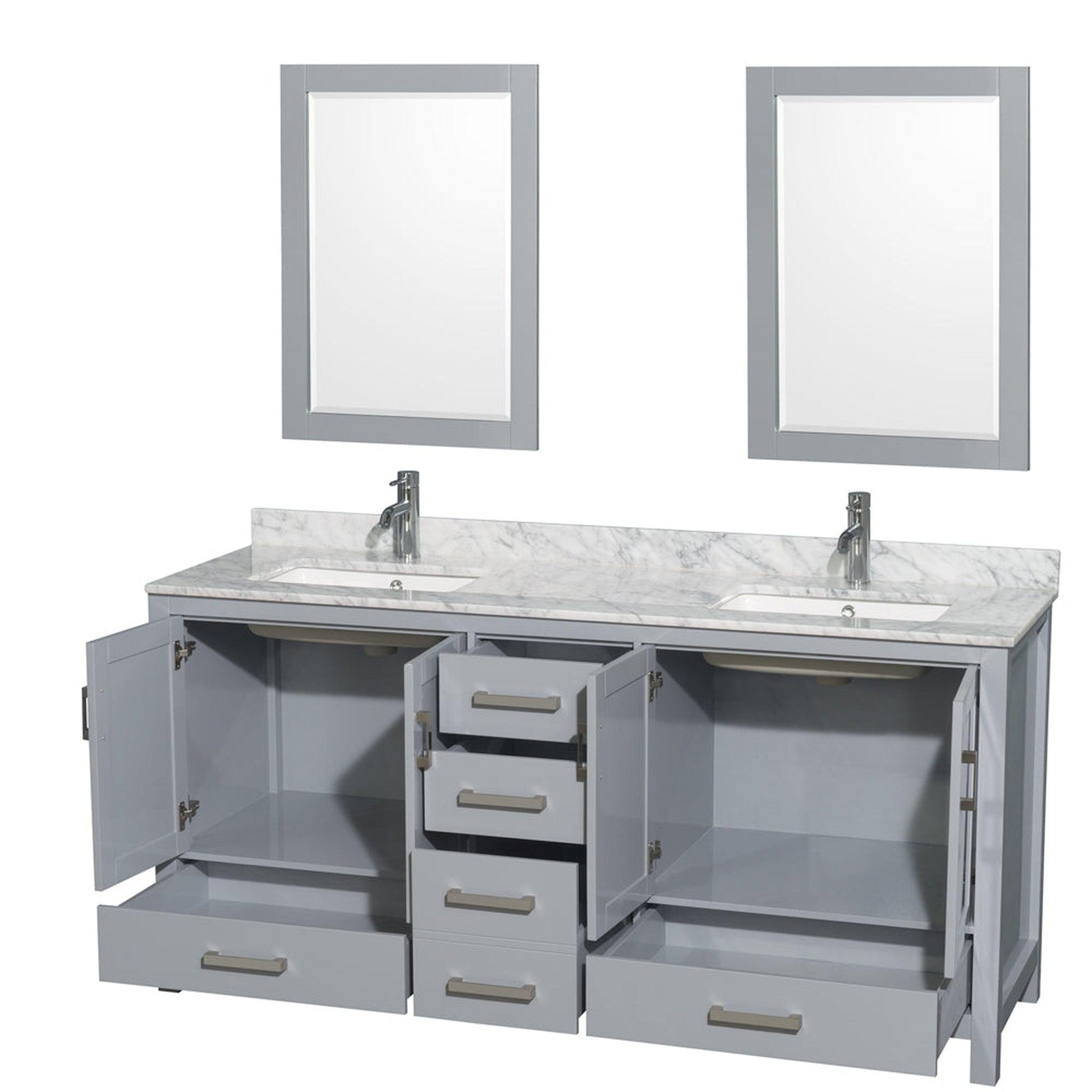 Wyndham Collection Sheffield 72" Double Bathroom Vanity in Gray, White Carrara Marble Countertop, Undermount Square Sinks, and 24" Mirror
