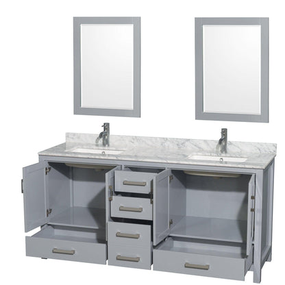 Wyndham Collection Sheffield 72" Double Bathroom Vanity in Gray, White Carrara Marble Countertop, Undermount Square Sinks, and 24" Mirror