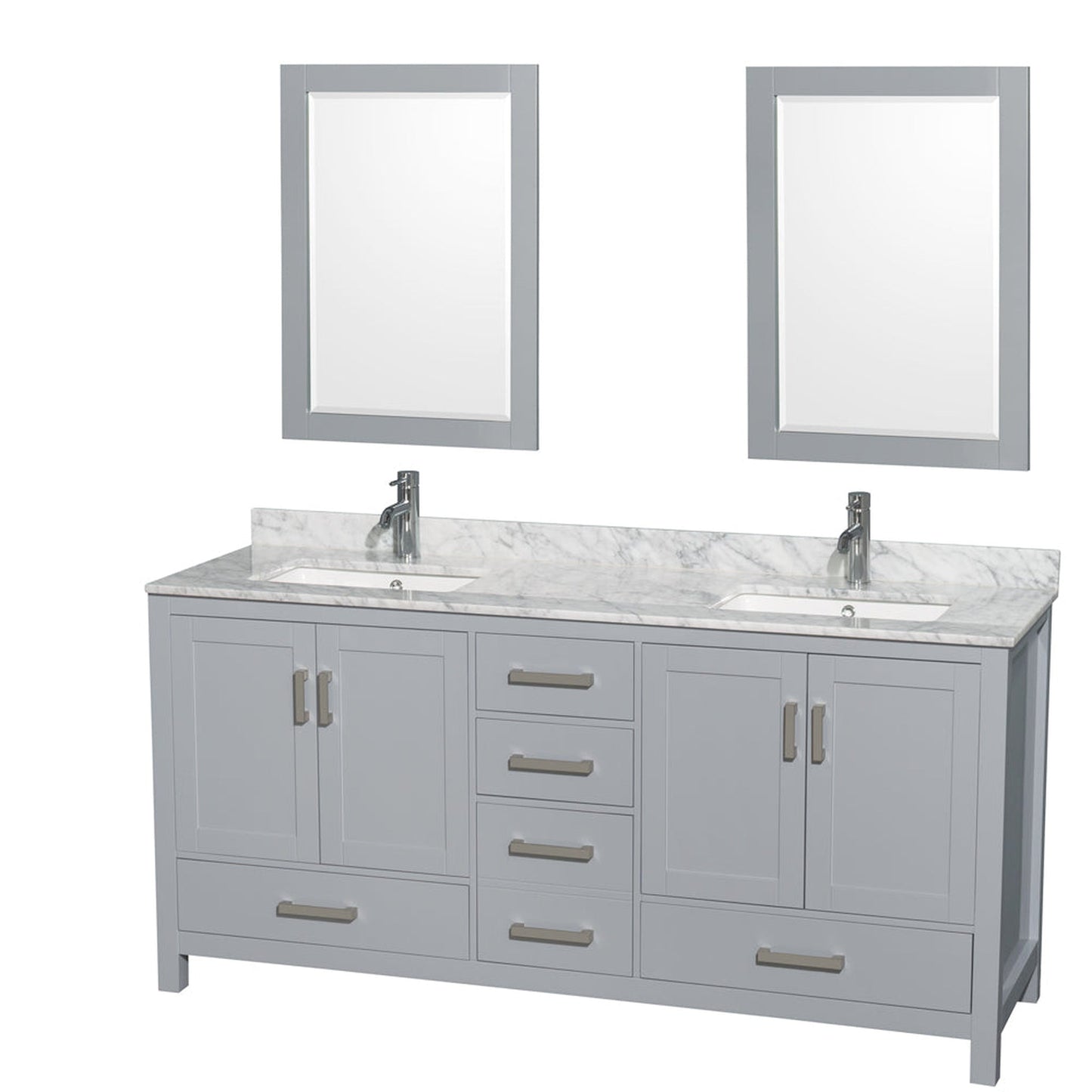 Wyndham Collection Sheffield 72" Double Bathroom Vanity in Gray, White Carrara Marble Countertop, Undermount Square Sinks, and 24" Mirror