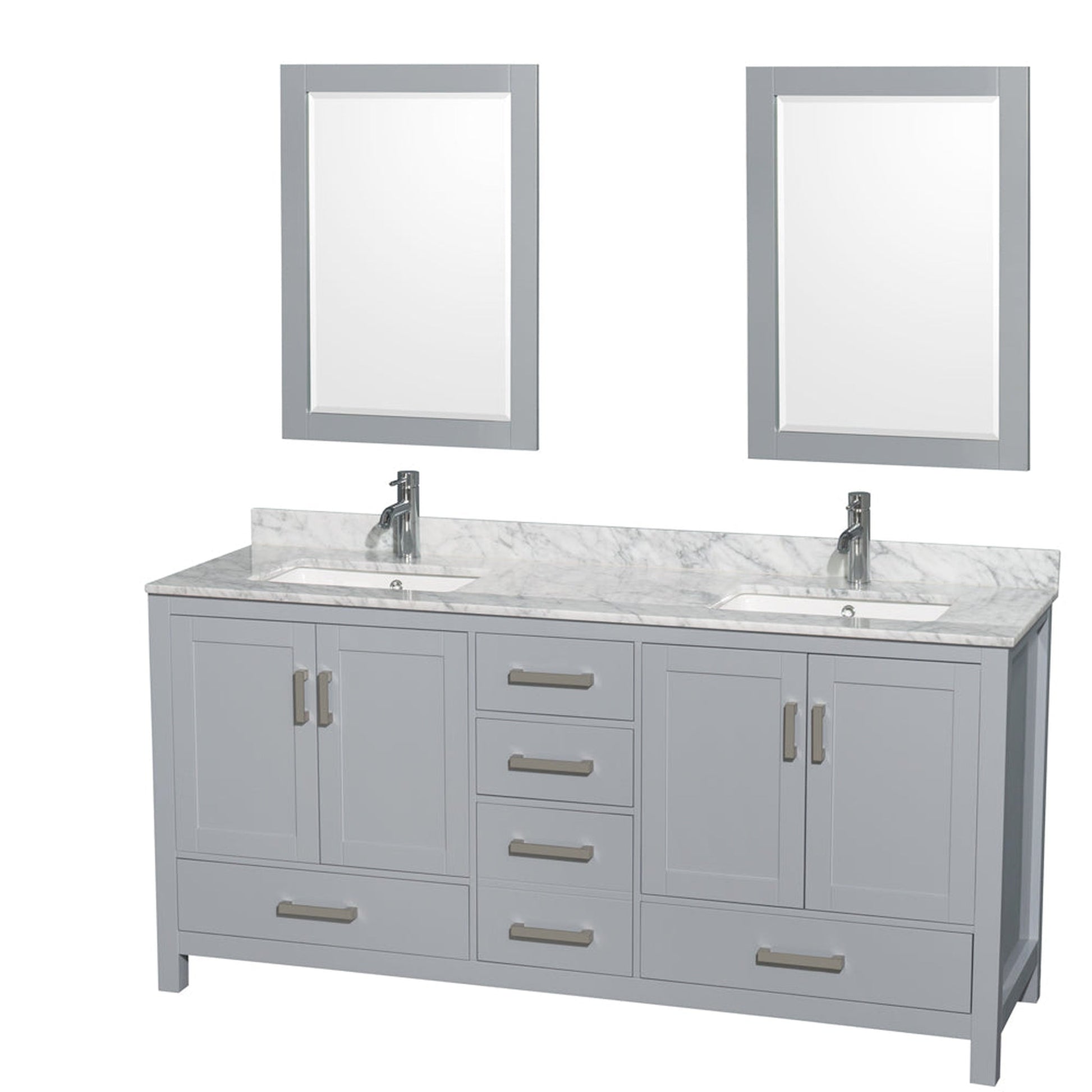 Wyndham Collection Sheffield 72" Double Bathroom Vanity in Gray, White Carrara Marble Countertop, Undermount Square Sinks, and 24" Mirror