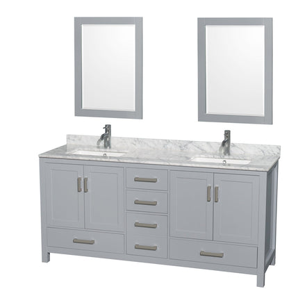 Wyndham Collection Sheffield 72" Double Bathroom Vanity in Gray, White Carrara Marble Countertop, Undermount Square Sinks, and 24" Mirror