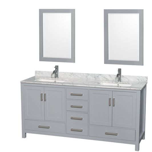 Wyndham Collection Sheffield 72" Double Bathroom Vanity in Gray, White Carrara Marble Countertop, Undermount Square Sinks, and 24" Mirror