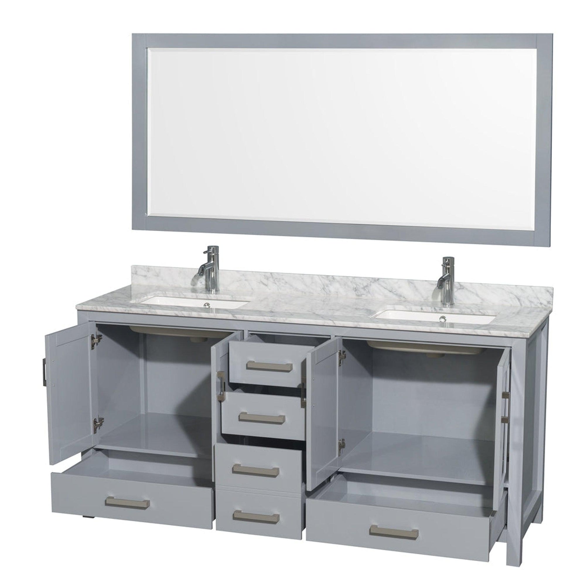 Wyndham Collection Sheffield 72" Double Bathroom Vanity in Gray, White Carrara Marble Countertop, Undermount Square Sinks, and 70" Mirror