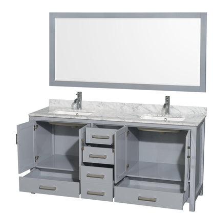 Wyndham Collection Sheffield 72" Double Bathroom Vanity in Gray, White Carrara Marble Countertop, Undermount Square Sinks, and 70" Mirror