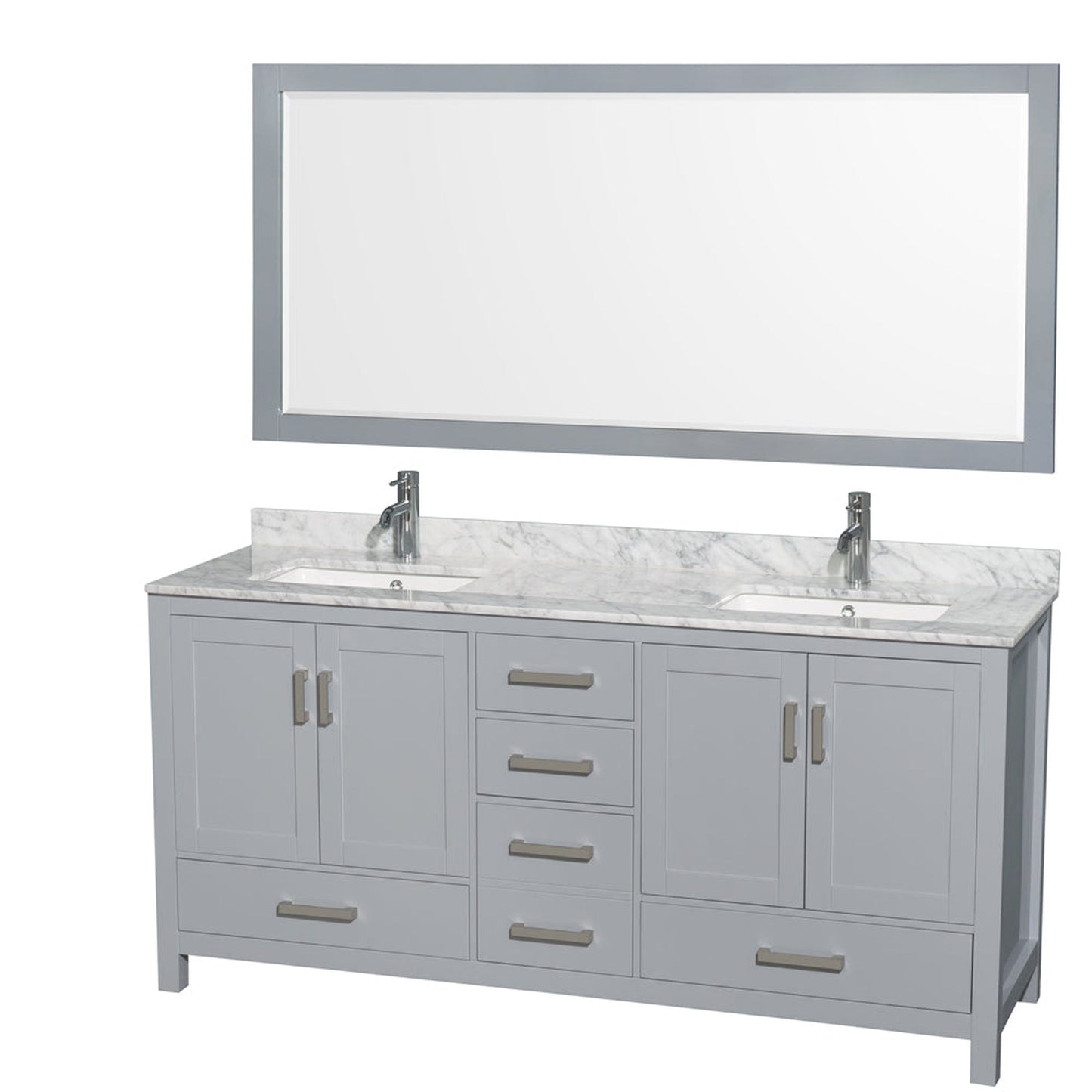 Wyndham Collection Sheffield 72" Double Bathroom Vanity in Gray, White Carrara Marble Countertop, Undermount Square Sinks, and 70" Mirror